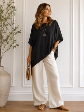 VTG CY Maui Silk Asymmetrical Tunic Top XL Deadstock NWT Black Poncho Blouse